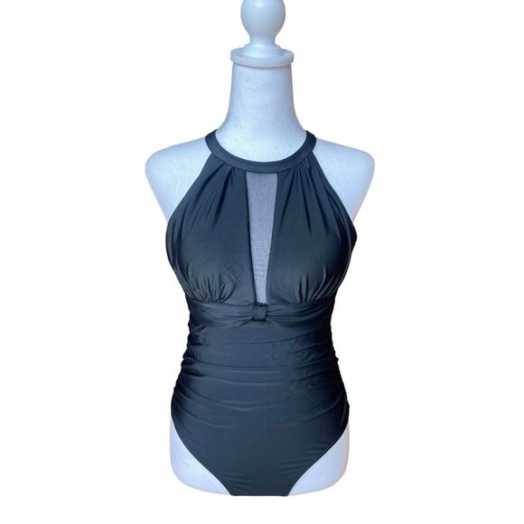 Tempt Me Black One Piece Swimsuit High Neck Plunge Ruched Tummy Control Small - Picture 3 of 13